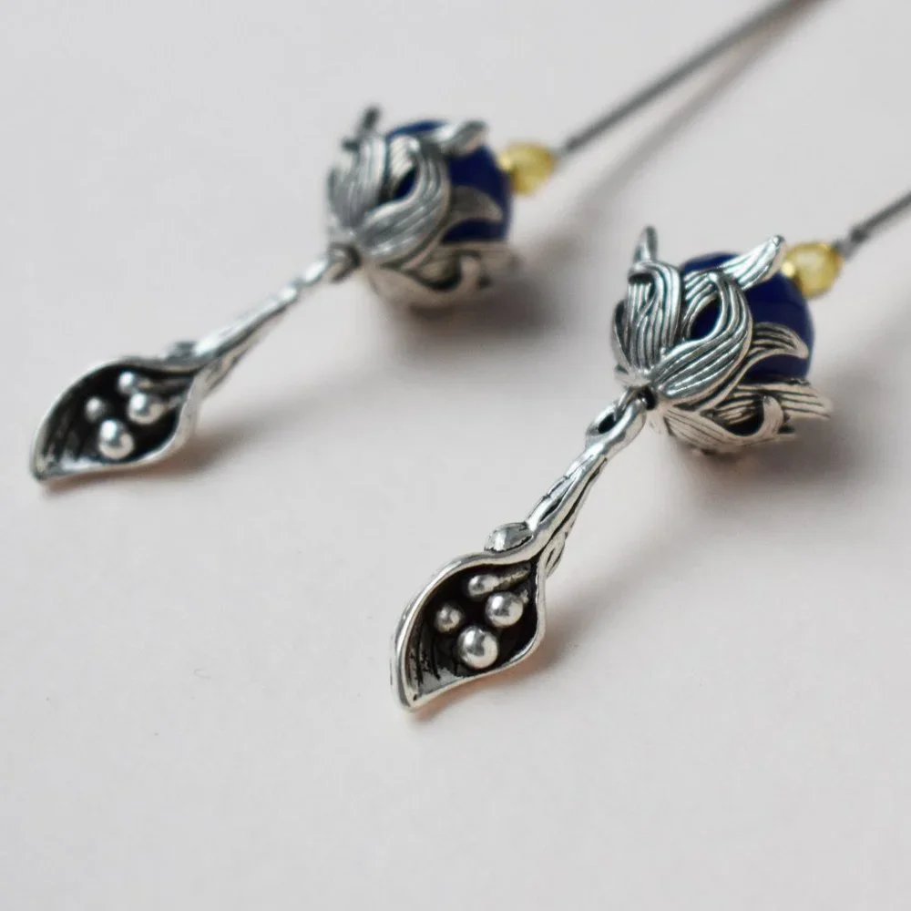 Long massive earrings silver tone, unusual floral dangles